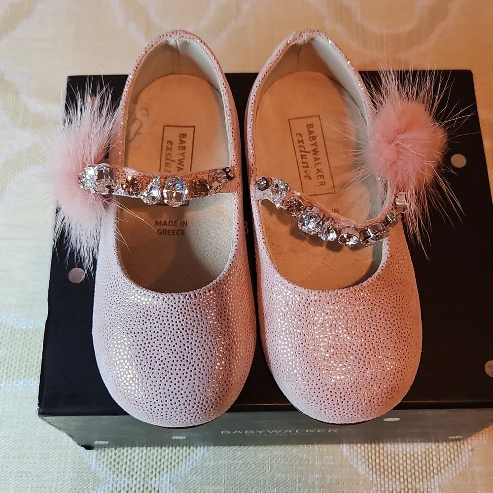 Babywalker Dusty Pink Leather Fur Jewel Baby Shoes NWT & box Greece 21 US 18-24m